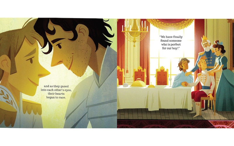 Two illustrations side by side on a white background. The illustration on the left is a drawing of two men looking at each other with black text that reads "and as they gazed into each other's eyes, their hearts began to race." The illustration on the right shows four adults in a dining room. Two of them are the men from the first image. The other two are the parents of one of the men. The text reads, "We have finally found someone who is perfect for our boy!"