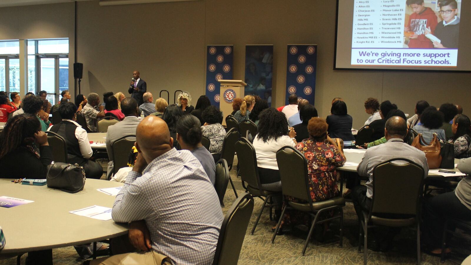 Superintendent Dorsey Hopson speaks Monday night to about 175 educators, parents and students gathered to learn about Shelby County Schools' plan to make new investments in struggling schools
