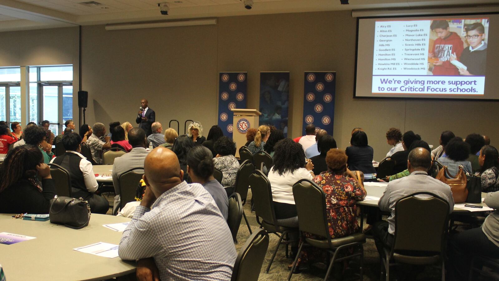 Superintendent Dorsey Hopson speaks Monday night to about 175 educators, parents and students gathered to learn about Shelby County Schools' plan to make new investments in struggling schools