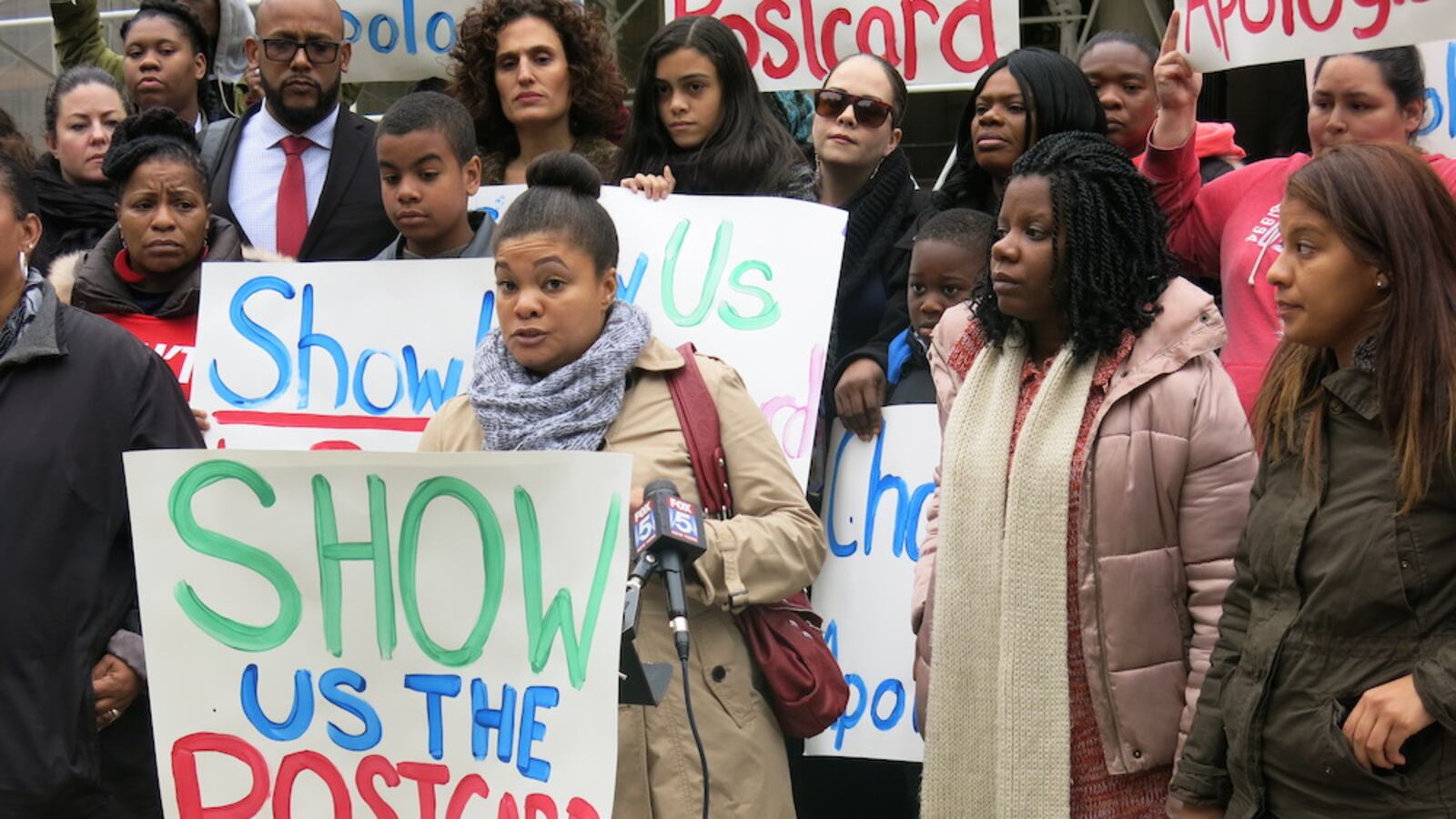 Parents with Families for Excellent Schools gathered at City Hall on Tuesday to denounce recent comments made by Chancellor Carmen Fariña.