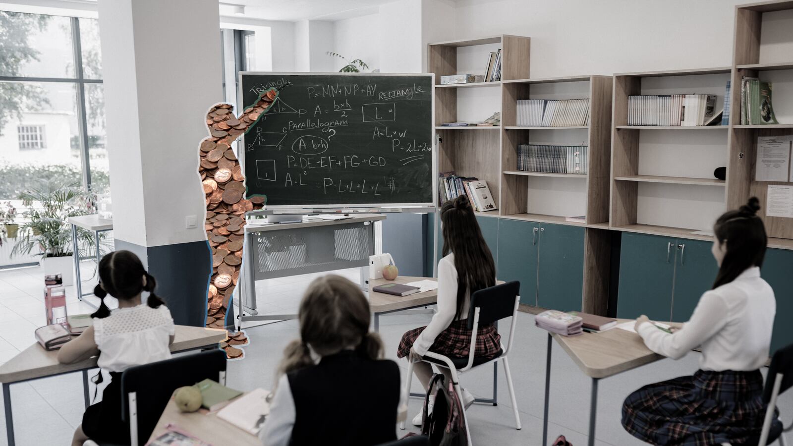 A photo collage showing a teacher standing at a blackboard, his silhouette filled with pennies.