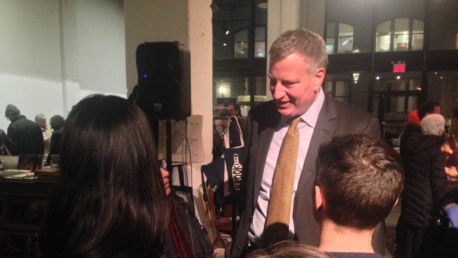 Mayor Bill de Blasio spoke with concerned parents and teachers at an event focused on opting out of state standardized testing in Brooklyn Monday night.