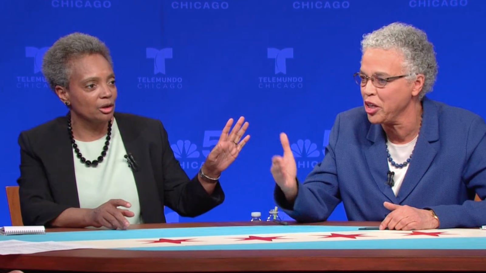 Chicago mayoral candidates Lori Lightfoot, left, and Toni Preckwinkle engaged in their first runoff debate March 7, 2019.