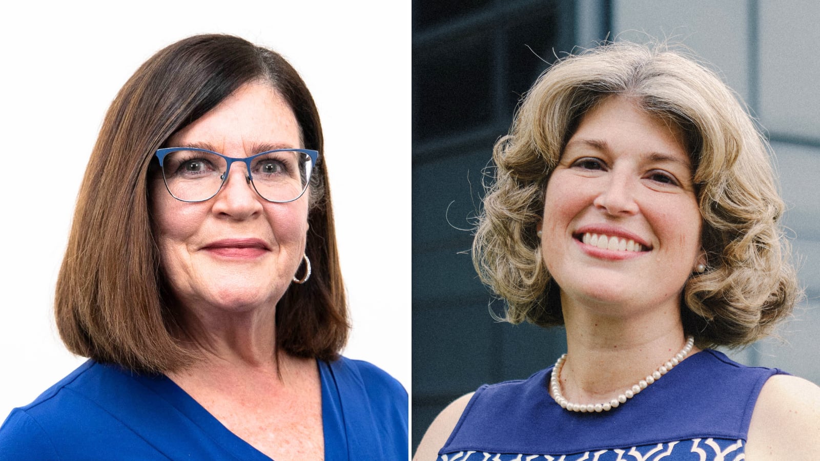 Two photos side by side of women looking at the camera posing for a portrait.