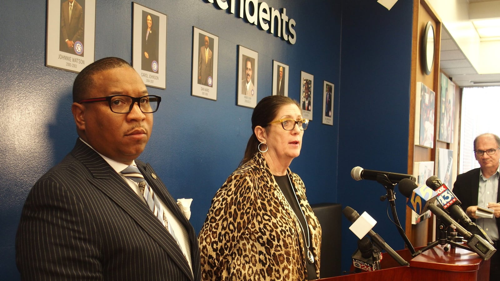 Superintendent Joris Ray, left, and Shelby County Health Department Director Alisa Haushalter speak with reporters about a quarantined Shelby County Schools employee who came in contact with the area’s first confirmed COVID-19 patient.
