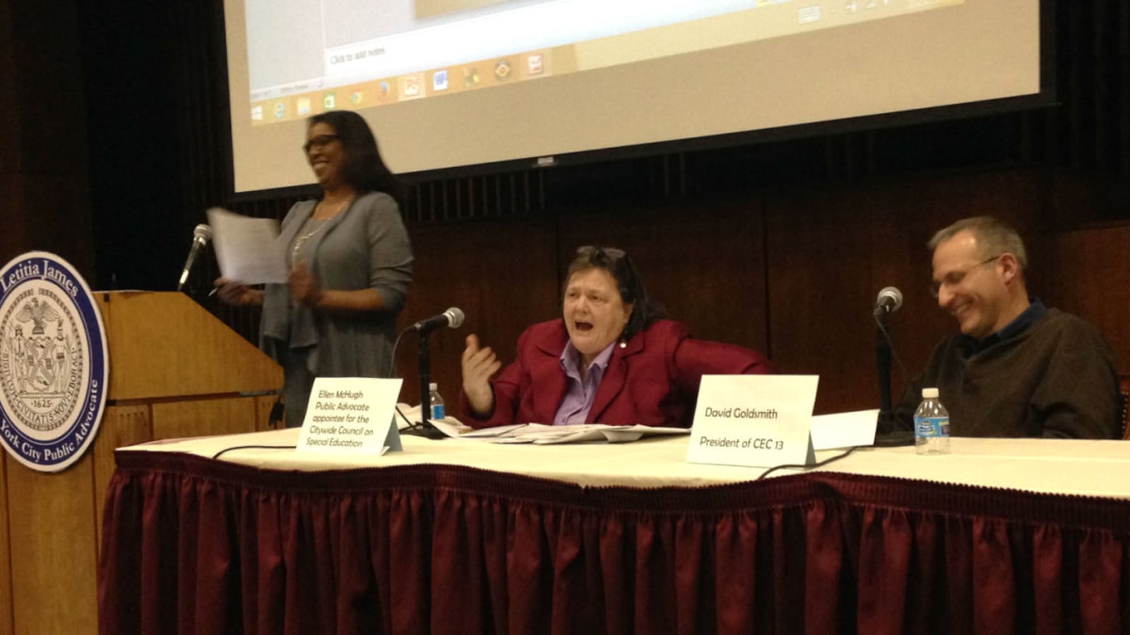Ellen McHugh, a member of the citywide council on special education, speaks at a forum on mayoral control hosted by Public Advocate Letitia James.