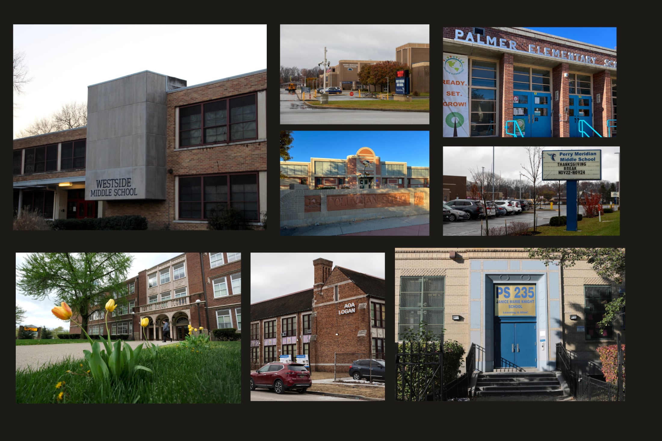 A collage of several school building images on a black background.