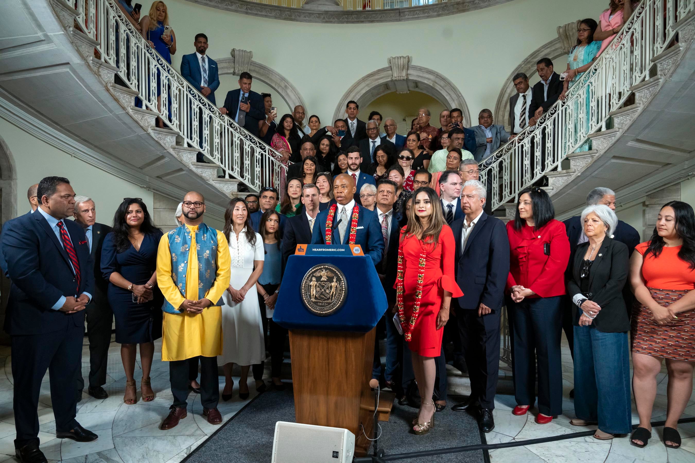 Mayor Eric Adams joins Chancellor David Banks and Assemblymember Rajkumar to celebrate Diwali becoming a public-school holiday. City Hall. Monday, June 26, 2023.