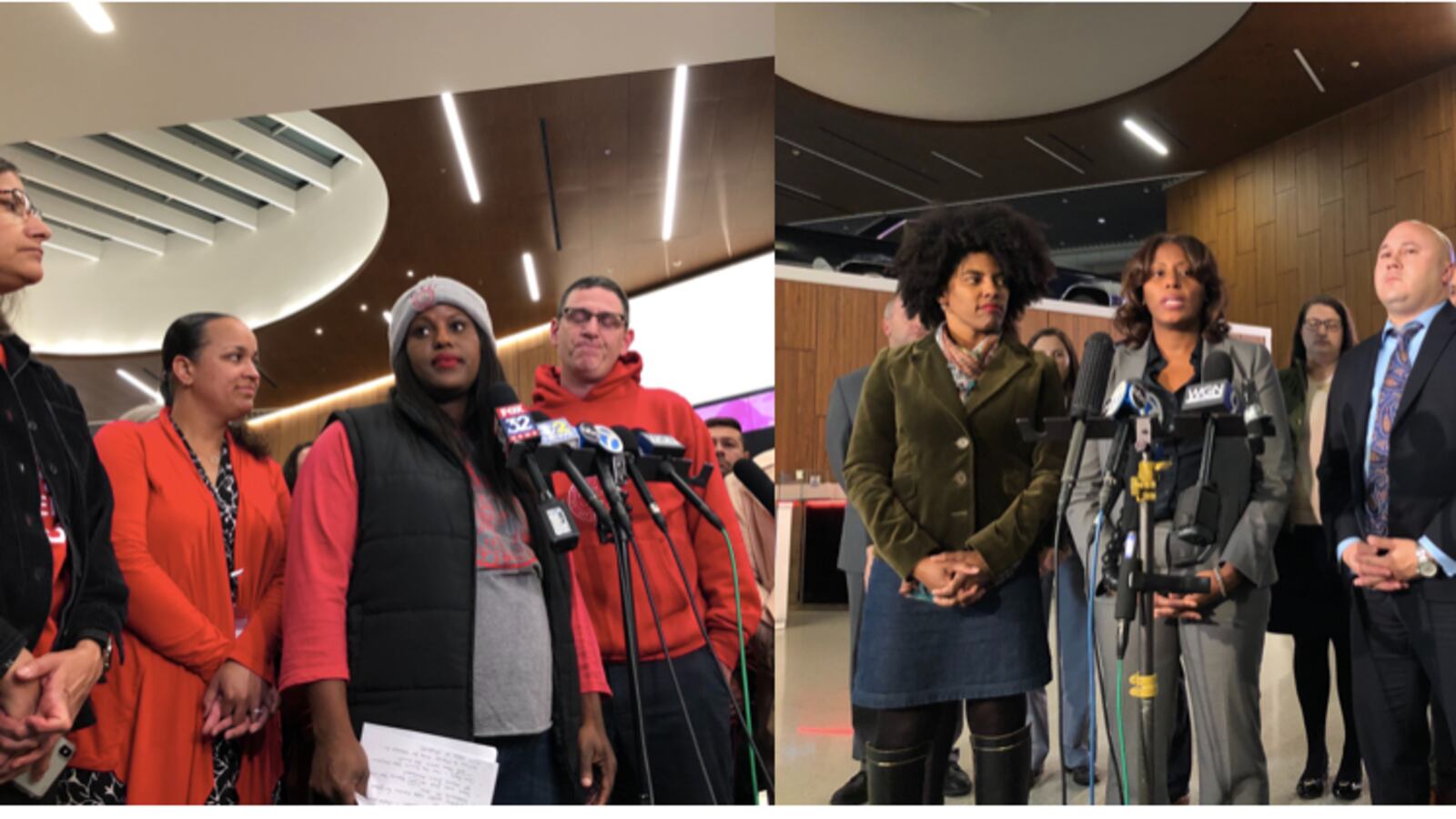 Chicago Teachers Union officials stand with Chicago Public Schools leaders in 2019.