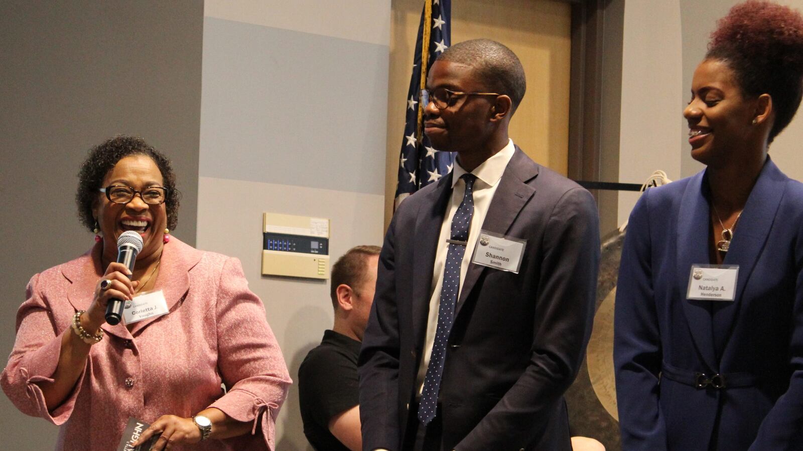 Corletta Vaughn, left, speaks during a candidate forum put on in September by Chalkbeat and Citizen Detroit.