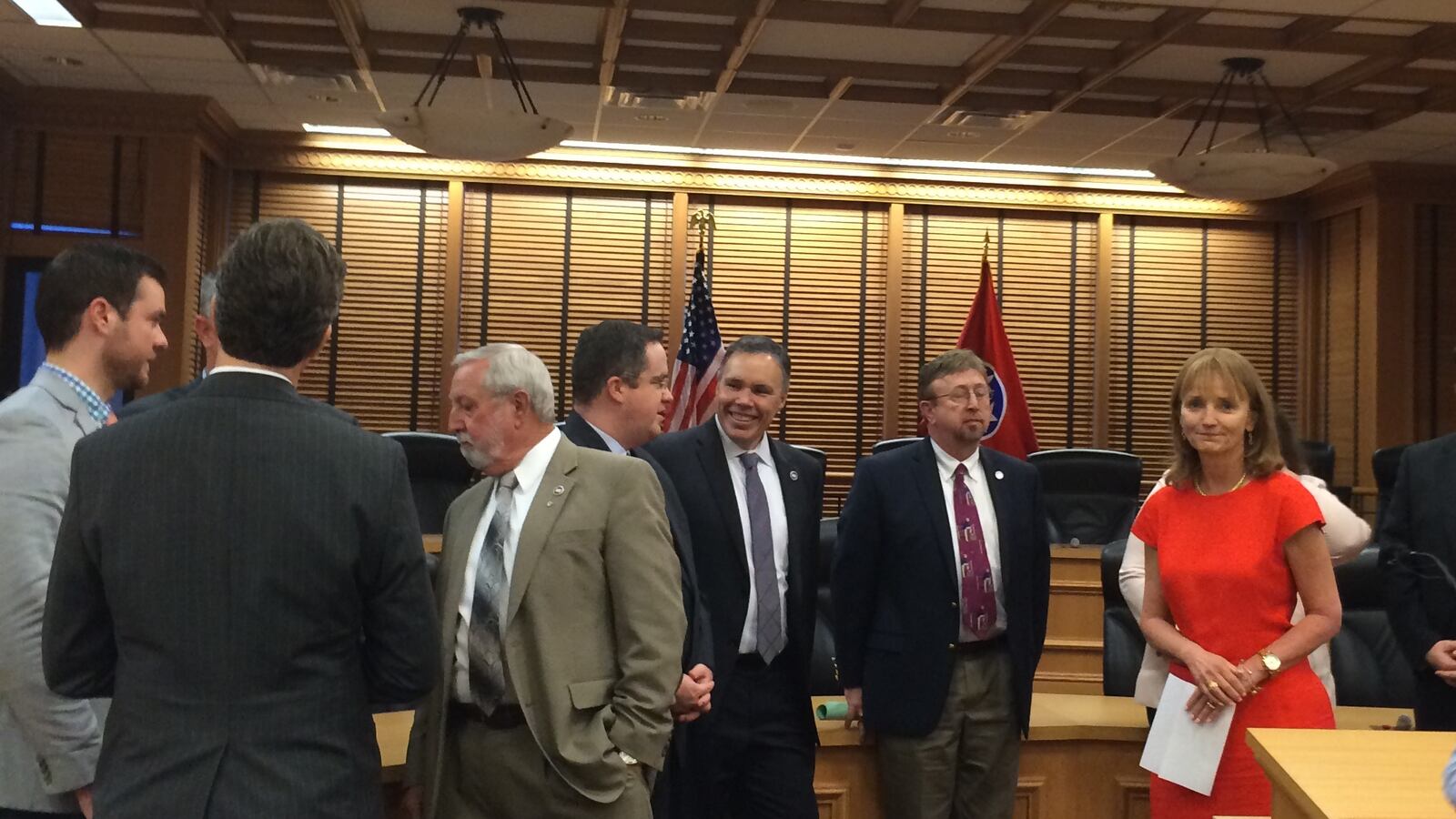 House Speaker Beth Harwell leads a news conference attended by House members to celebrate the passage of Common Core legislation.