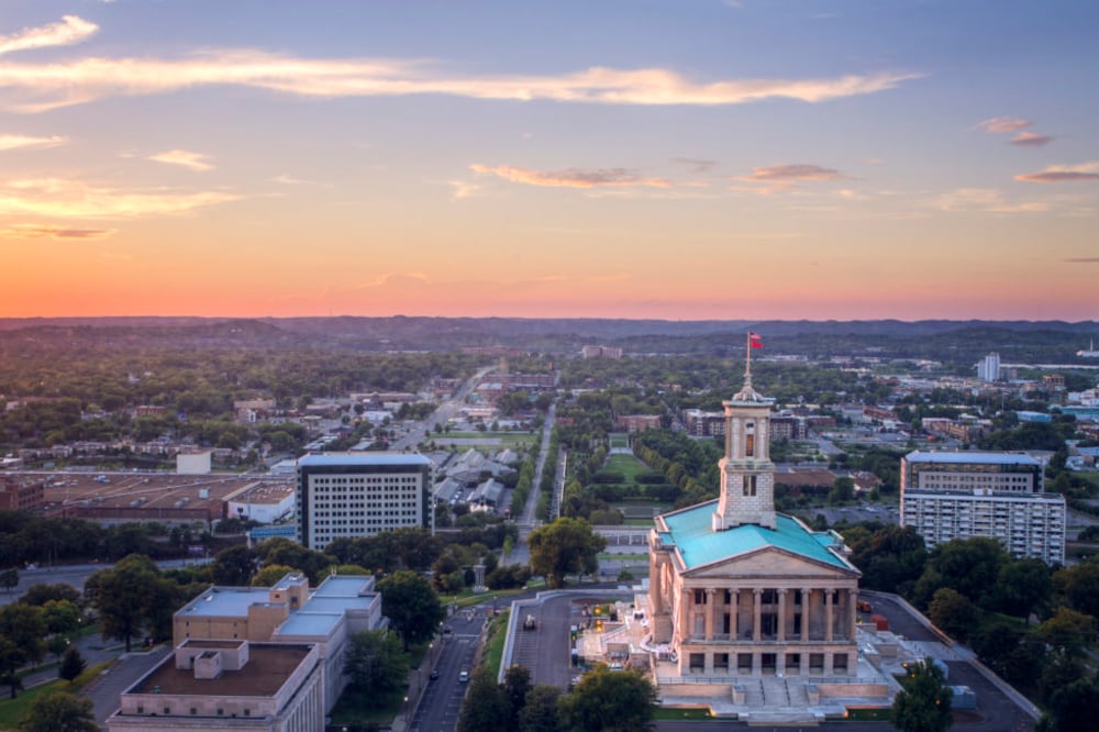 A birds eye view of the Tennessee State Capitol building in Nashville