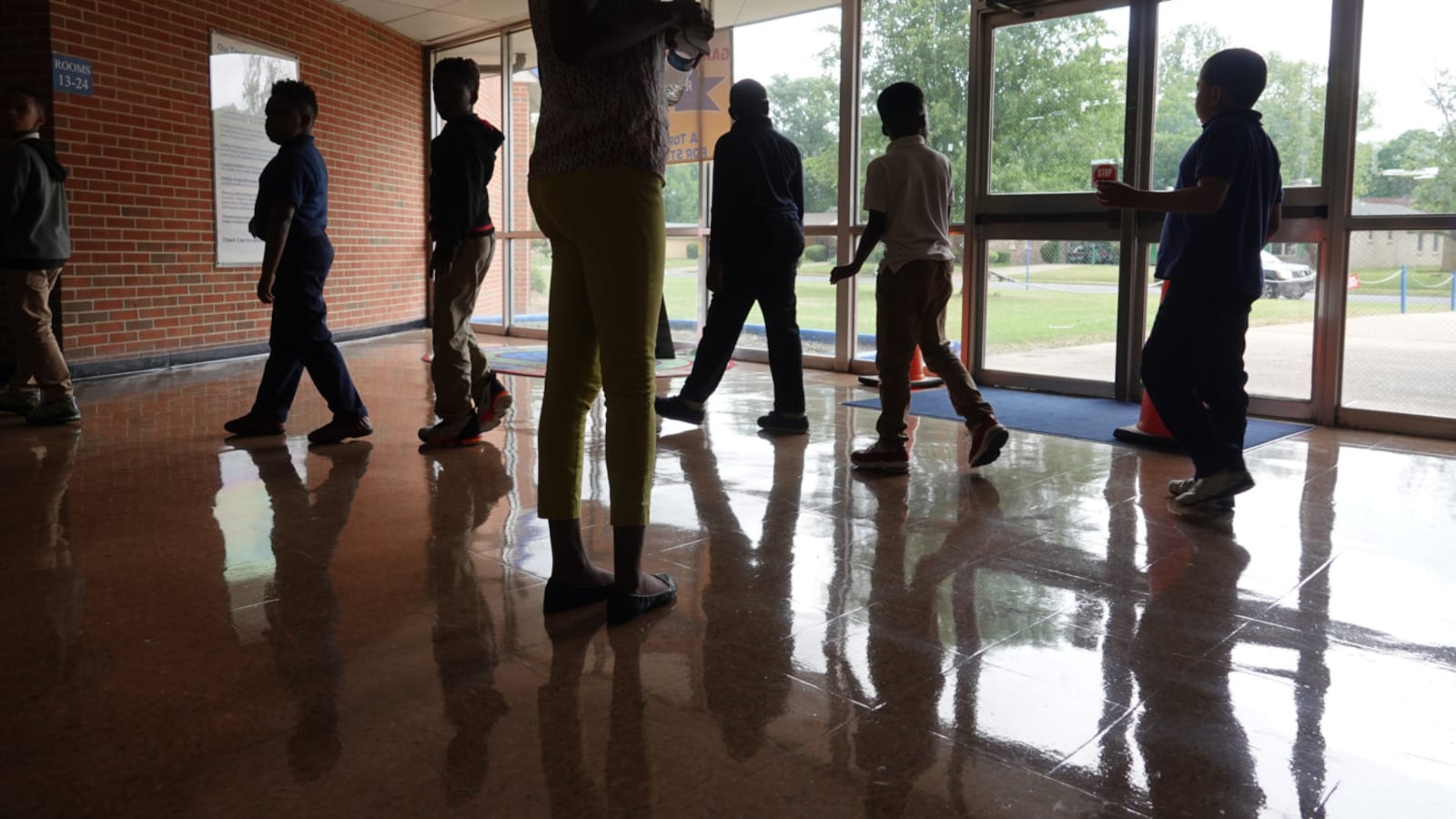 Students walk in a hallway between classes at Gardenview Elementary School in Memphis.