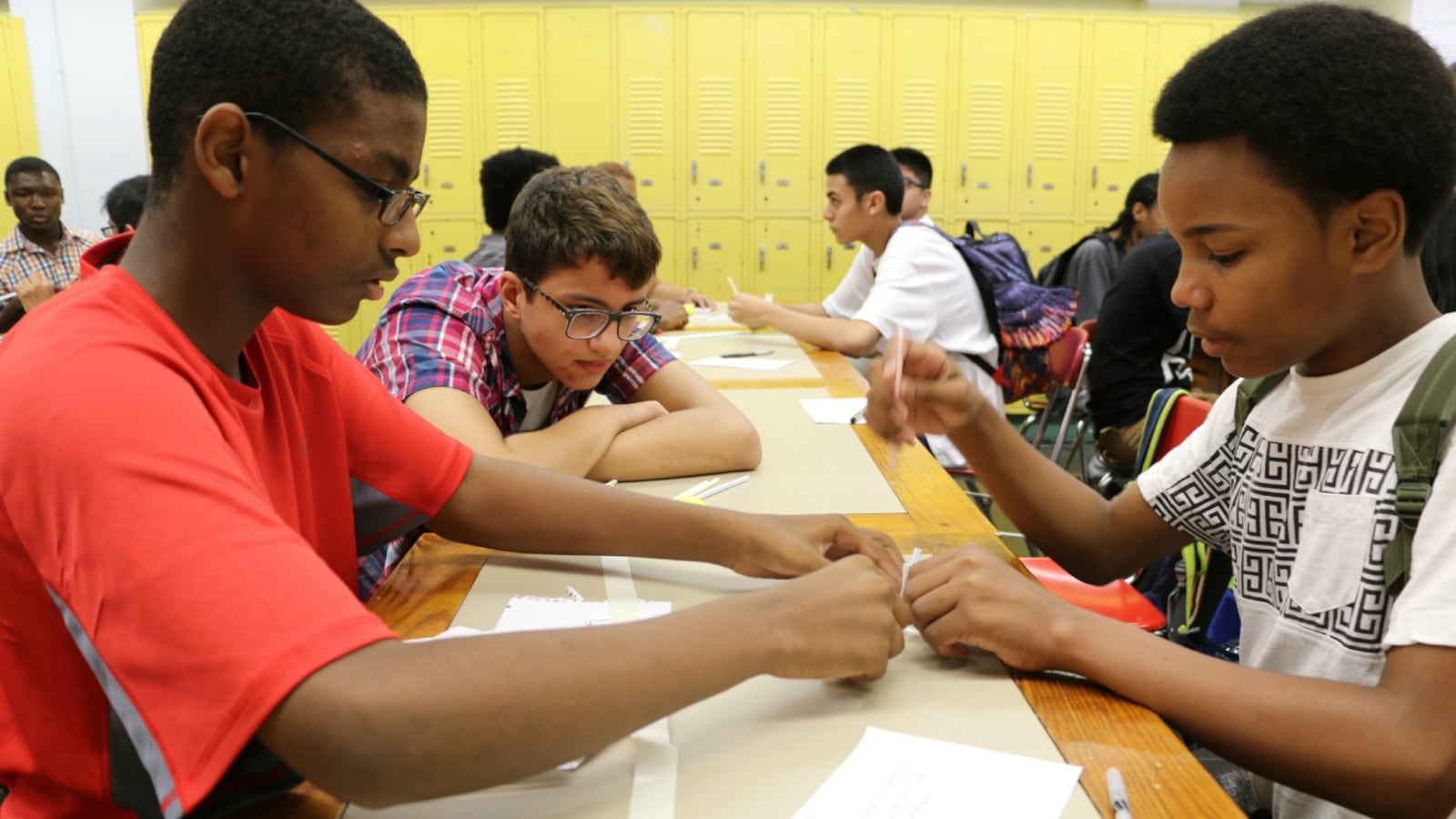 Students at Urban Assembly Maker Academy tried to design a straw basket that could catch a falling golf ball on the first day of school in 2015.