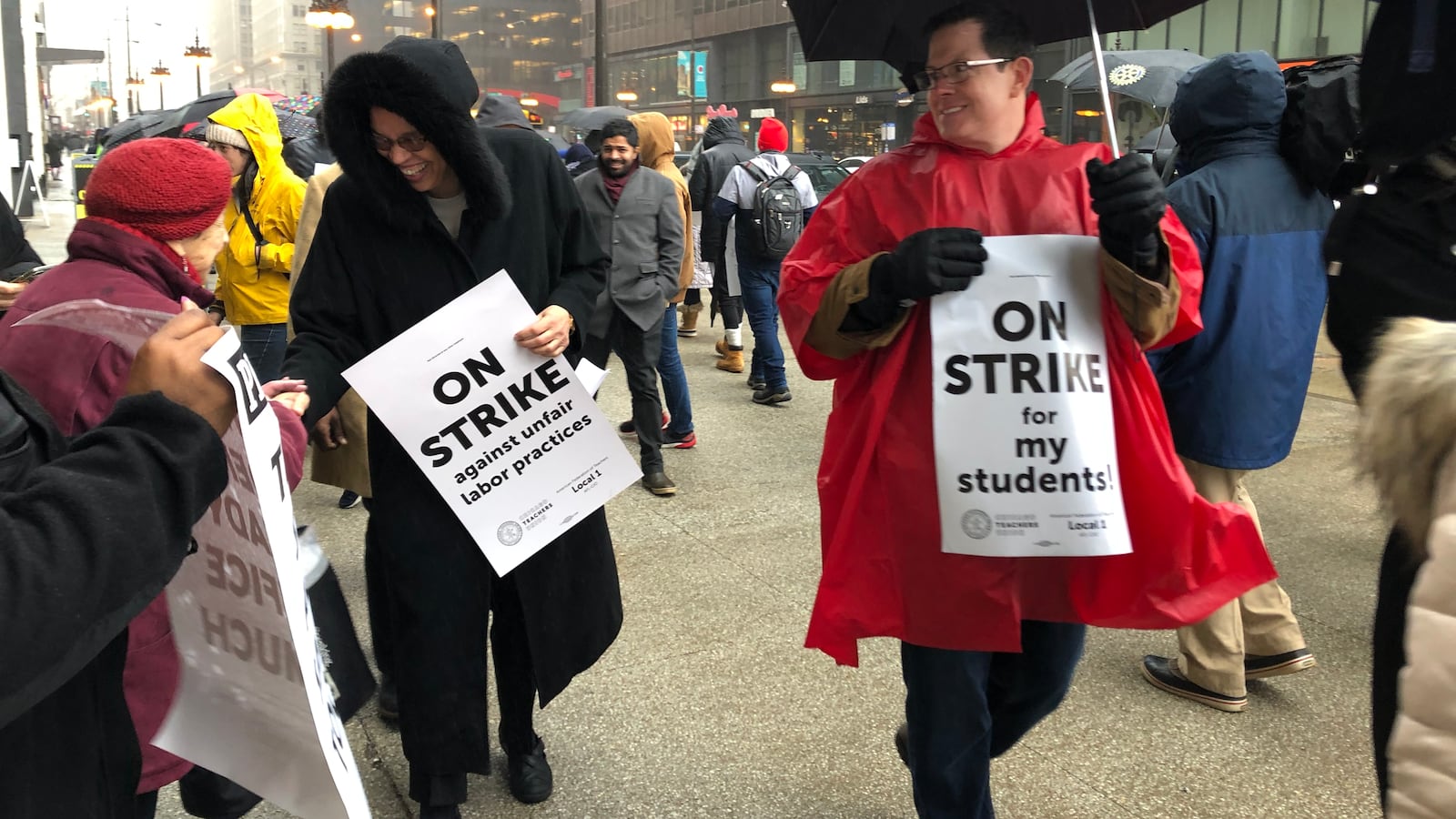 Chicago mayoral candidate Toni Preckwinkle, left, joined striking Chicago International Charter Schools teachers on a picket line at the Illinois Network of Charter Schools on Thursday, Feb. 7, 2019.