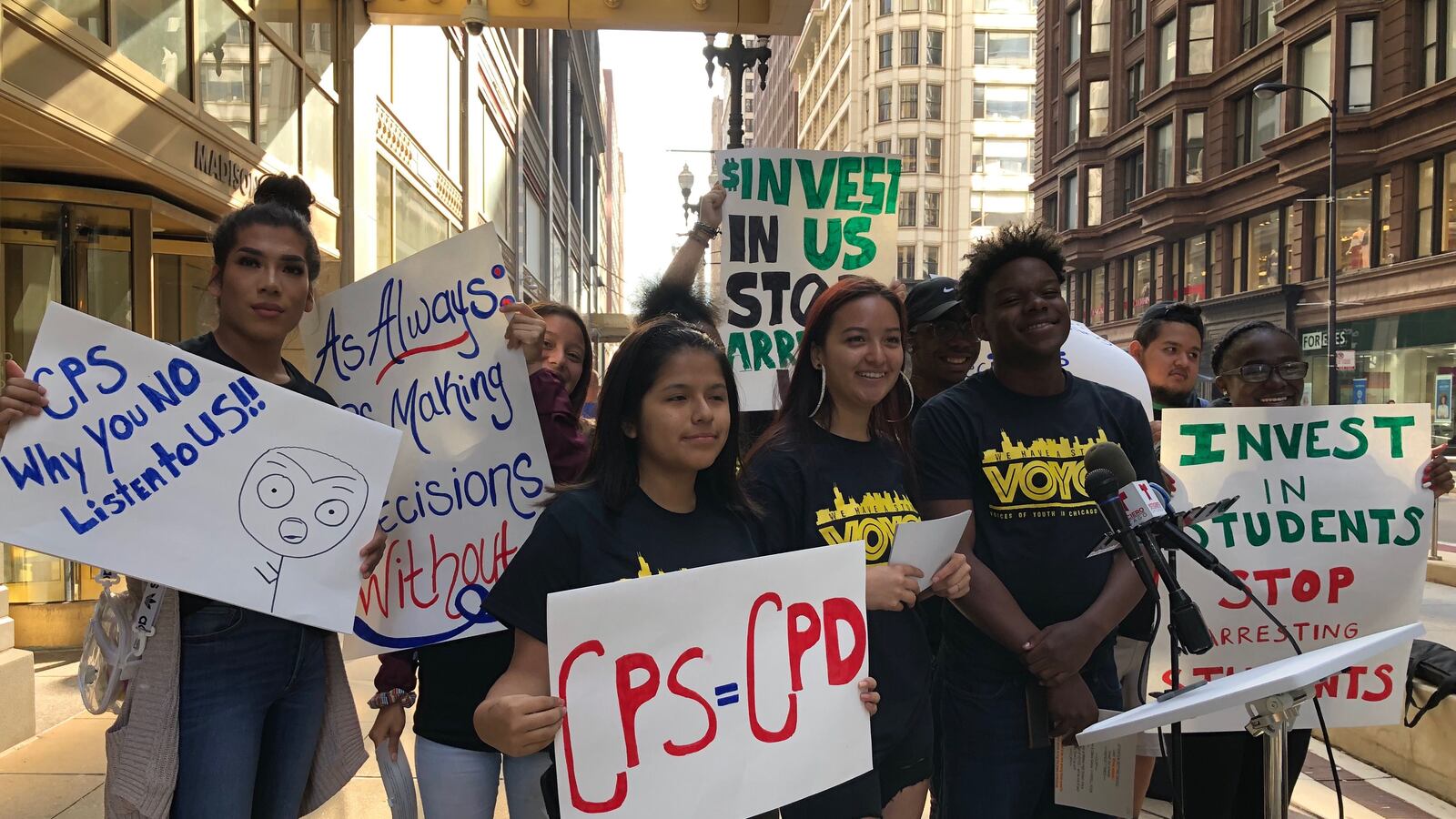 Students from Voices of Youth in Chicago Education hold a press conference before the August board of education meeting.