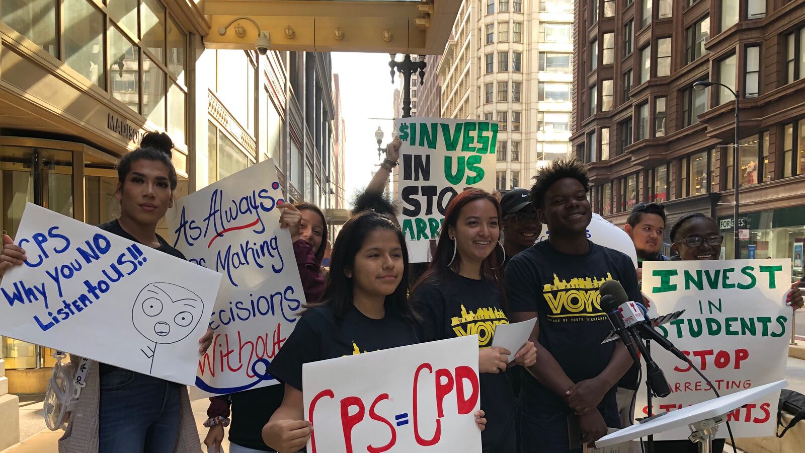 Students from Voices of Youth in Chicago Education hold a press conference before the August board of education meeting.