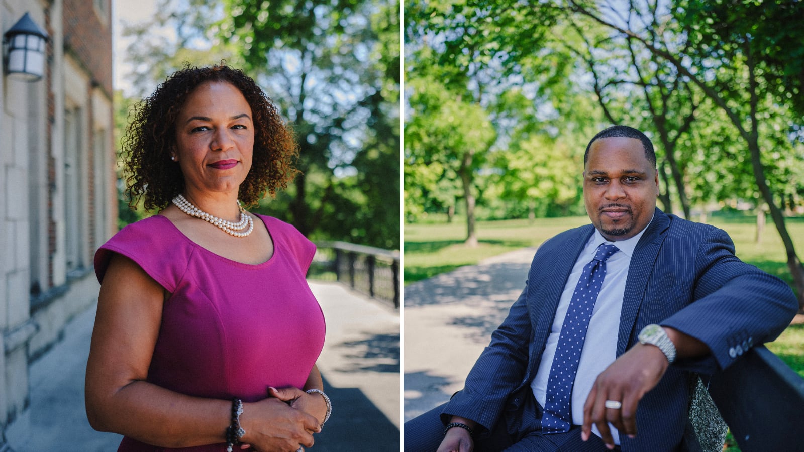 Two photos side by side of one woman and one man looking at the camera posing for a portrait.