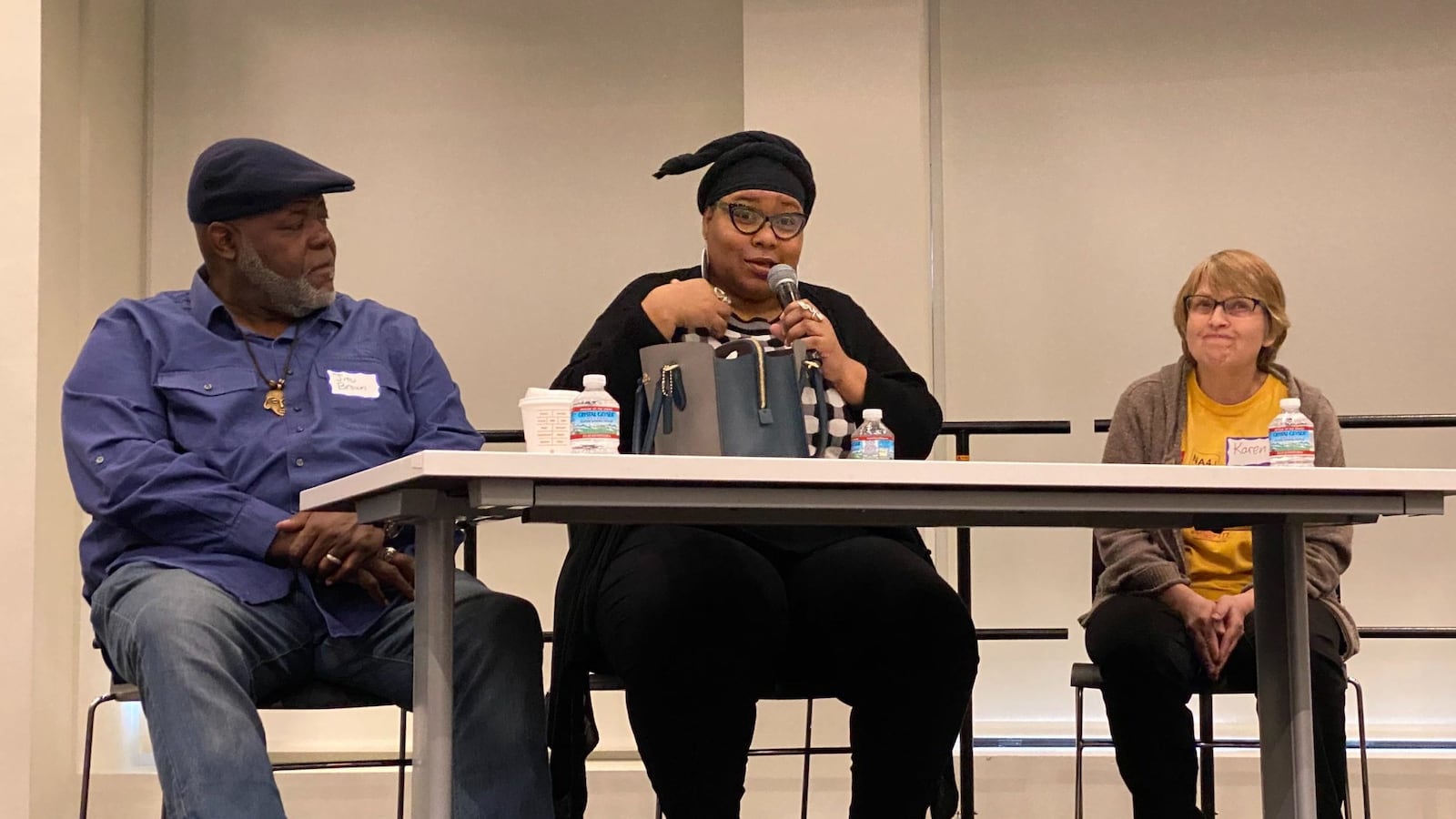 Jitu Brown, director of Journey 4 Justice; Alderman Jeanette Taylor of the 20th Ward; and Karen Zaccor of Northside Action for Justice and teacher at Uplift Community High School speak about the historic importance of Local School Councils, at a meeting Saturday at the Chicago teachers union offices.