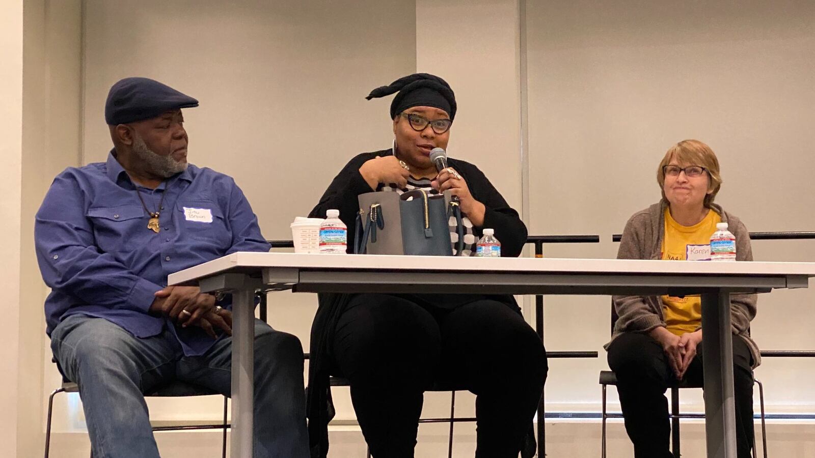Jitu Brown, director of Journey 4 Justice; Alderman Jeanette Taylor of the 20th Ward; and Karen Zaccor of Northside Action for Justice and teacher at Uplift Community High School speak about the historic importance of Local School Councils, at a meeting Saturday at the Chicago teachers union offices.