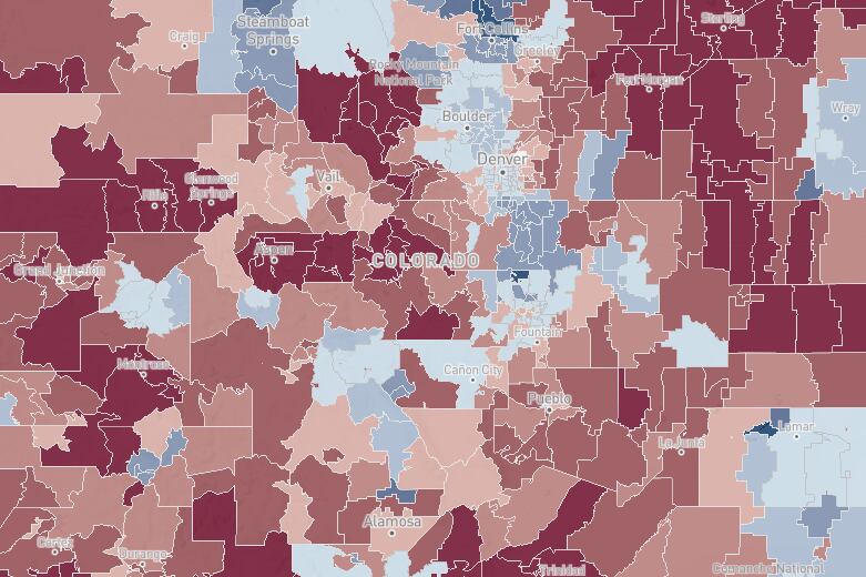 Map showing color-coded areas with better and worse access to high-quality schools.