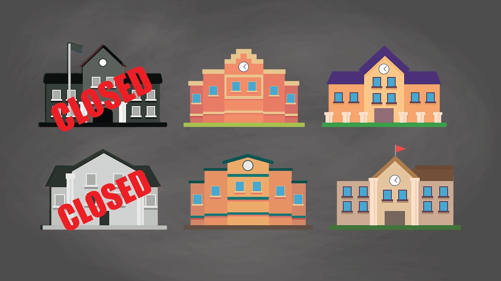 There are six illustrations of schools in rows of three. Two schools on the left are in black and white with red letters that say "CLOSED," and the four other schools are in color. There is a dark, grey background that mimics a chalkboard.