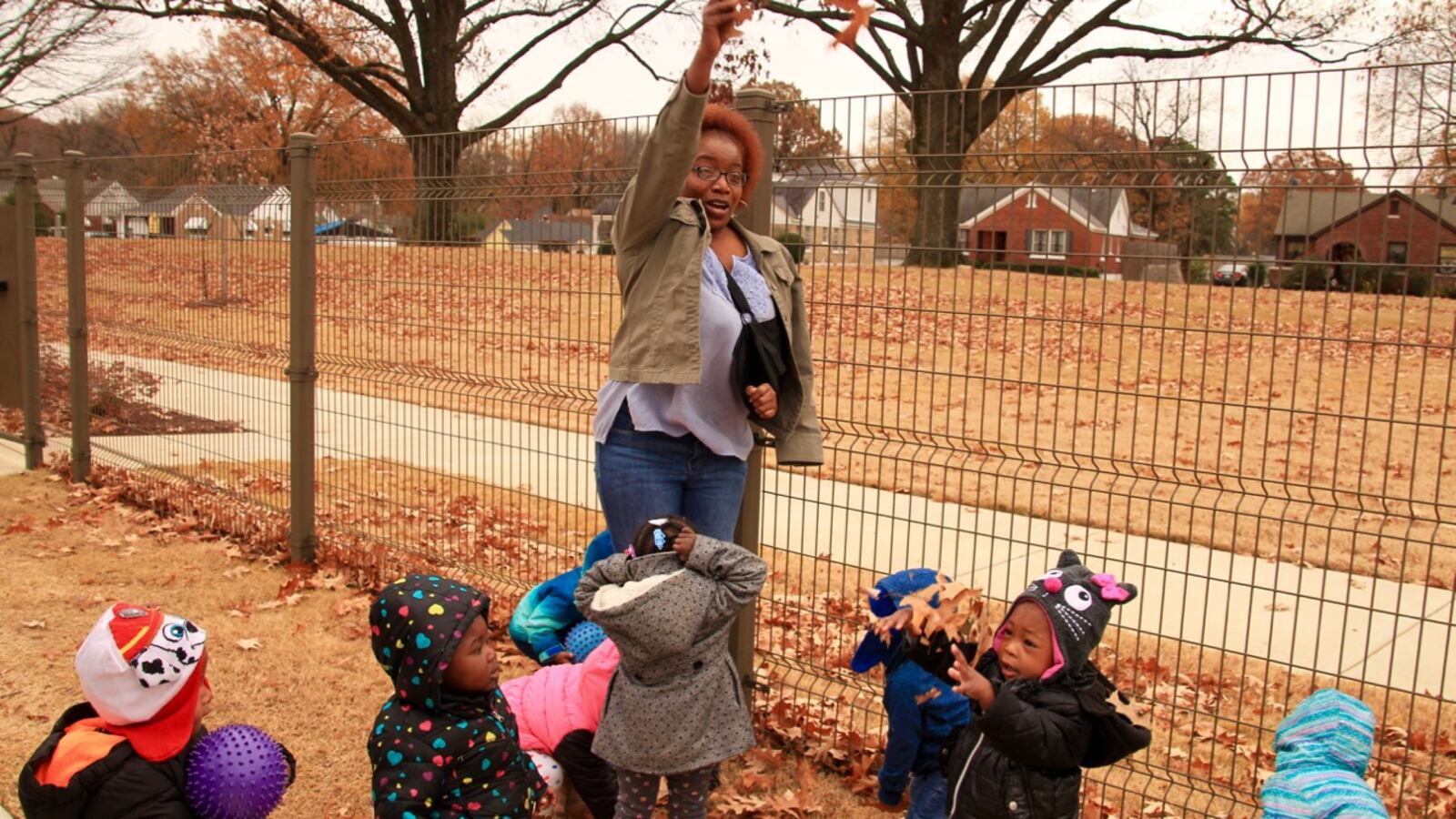 Trudie Owens, a lead teacher at Porter-Leath in Memphis, says incorporating literacy into every lesson is key, including lessons about fall leaves.
