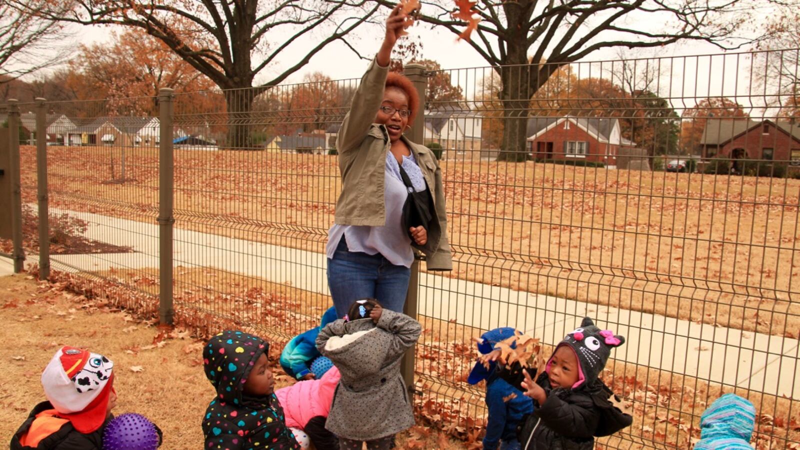 Trudie Owens, a lead teacher at Porter-Leath in Memphis, says incorporating literacy into every lesson is key, including lessons about fall leaves.