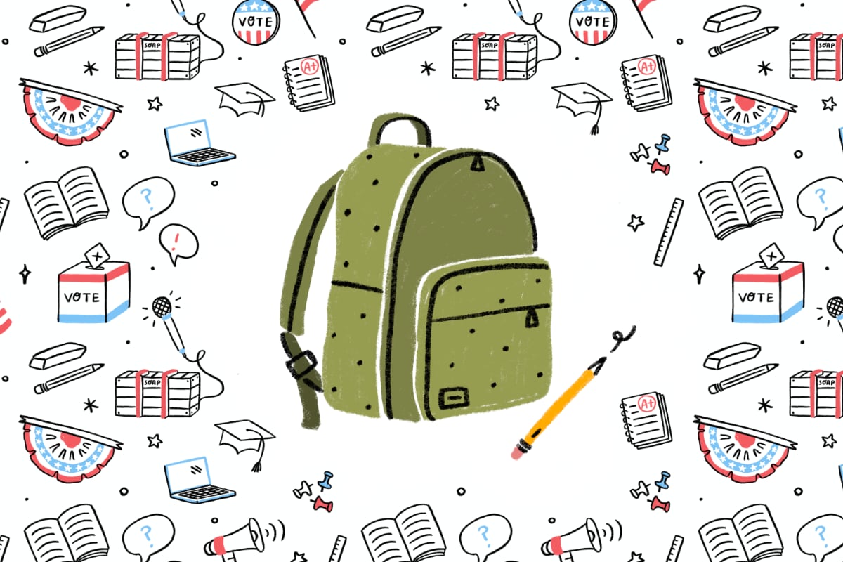 An illustration with small details showing books, computers, graduation caps and election symbols surround a large green backpack on a white background.