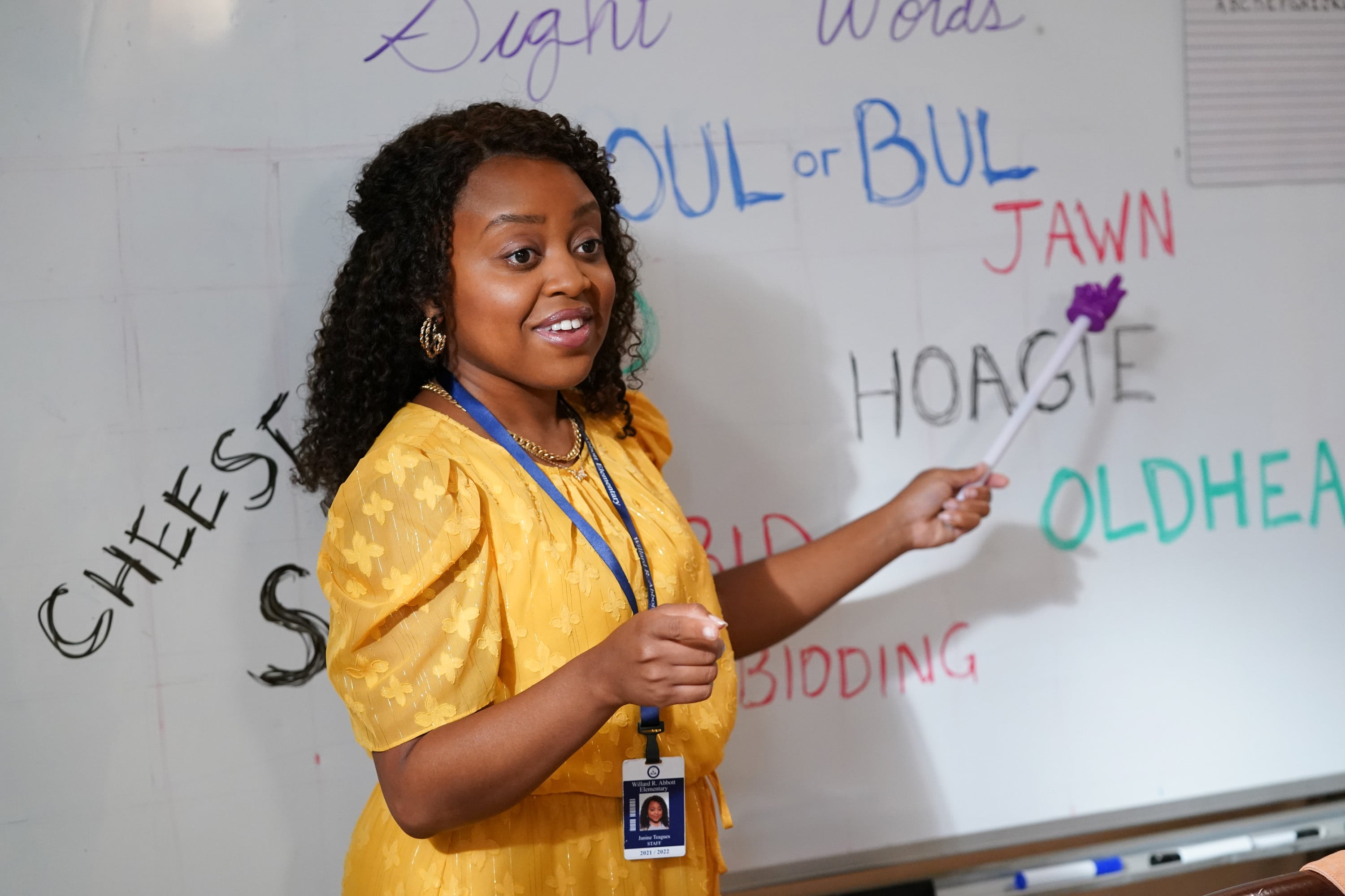 In a scene from Abbott Elementary, Quinta Brunson’s character teaches Philly slang on a white board, including words like “jawn” and “boul”.