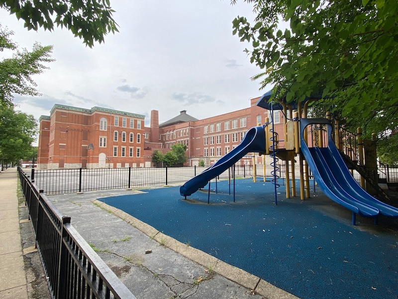 An empty playground next to the vacant Von Humboldt school in Chicago.