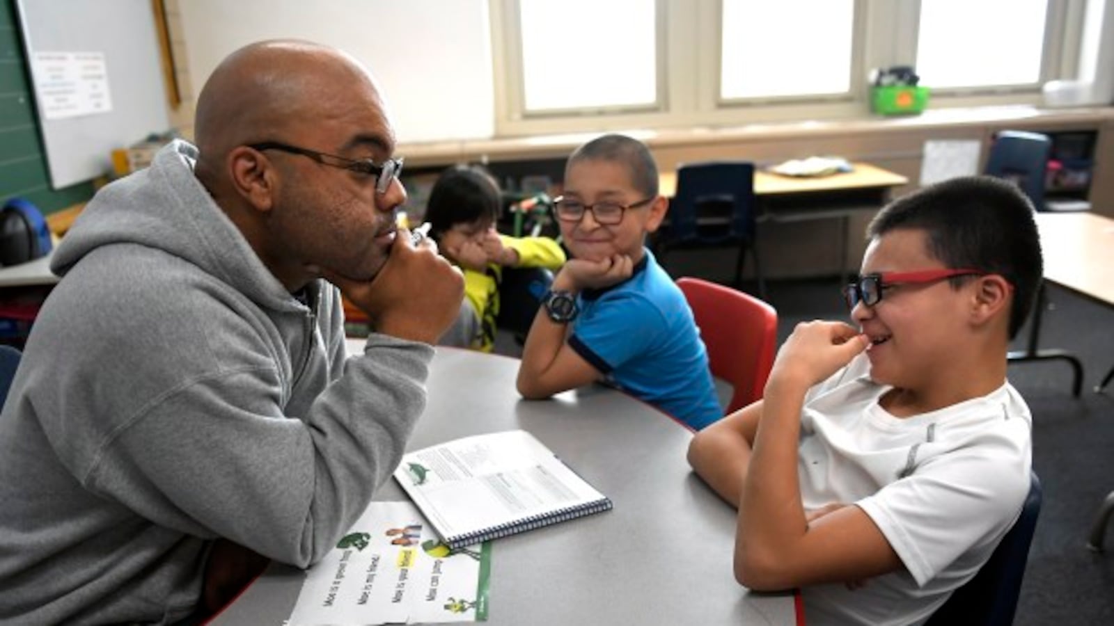 Third grade teacher Quincy Evans waits patiently for an answer from student Jonathan Bueno at Denver’s Fairview Elementary on Jan. 23, 2019.