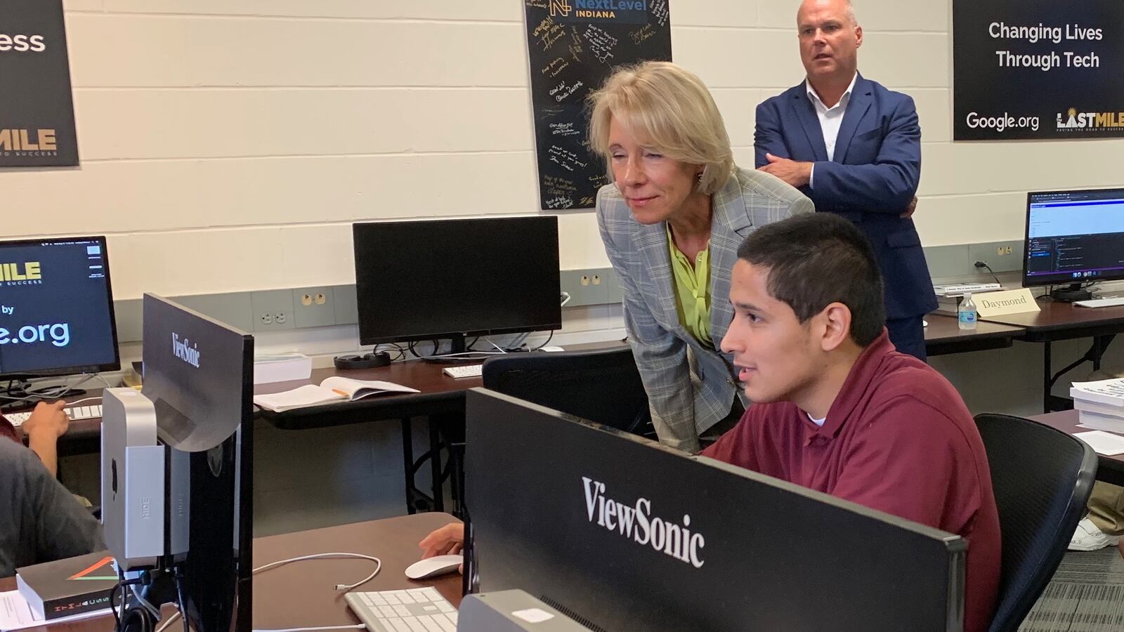 U.S. Secretary of Education Betsy DeVos observes The Last Mile coding program in Pendleton Juvenile Correctional Facility, about 30 miles east of Indianapolis, on Aug. 14, 2019. The program's goal is to place more former inmates in the workforce and reduce the number who are reincarcerated later.