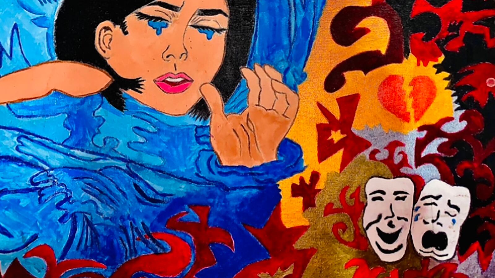 Artwork of a girl with black hair crying amid water, masks, and a broken heart.