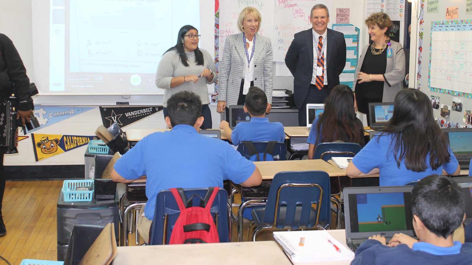 U.S. Secretary of Education Betsy DeVos and Tennessee Gov. Bill Lee visit the sixth-grade math classroom of Alyssa Patel at LEAD Cameron Middle, a Nashville charter school.