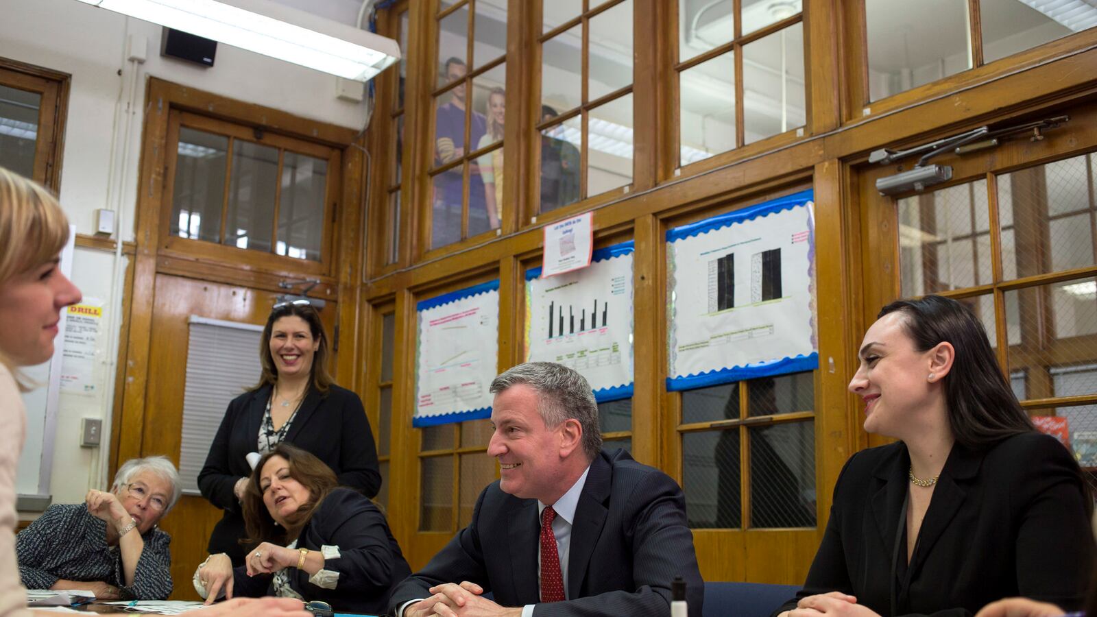 Mayor Bill de Blasio with students and faculty at Automotive High School in Brooklyn. (Ed Reed/Mayoral Photography Office)