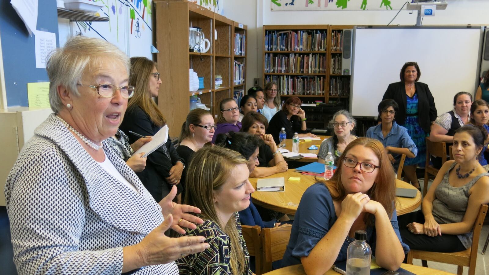 Chancellor Carmen Fariña talked to staff at P.S. 295 on Monday.