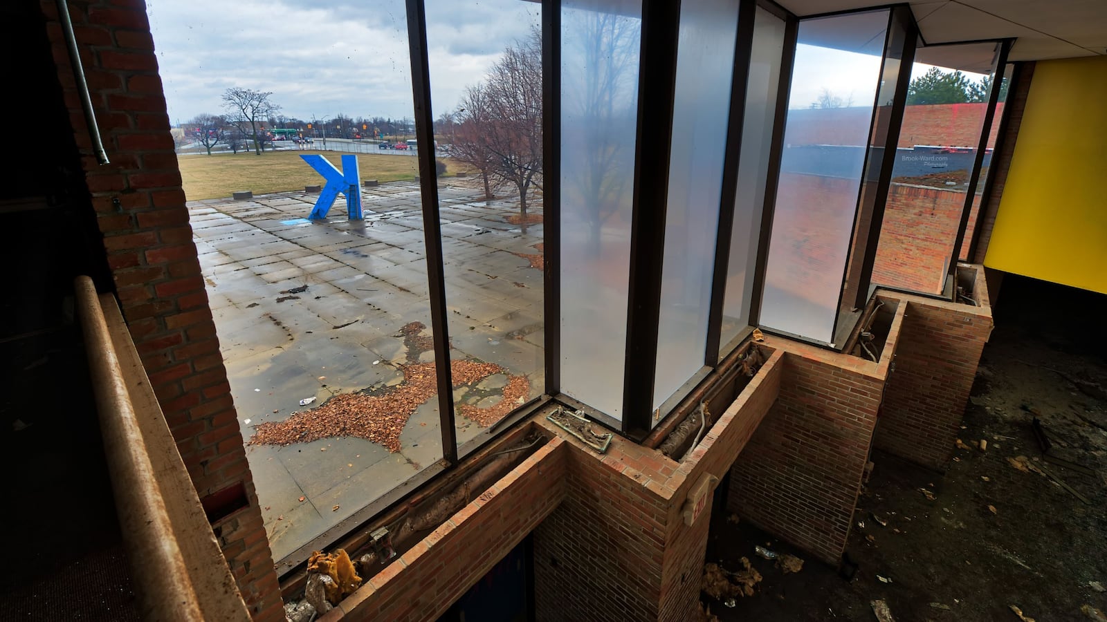 A view from inside the closed Kettering High School shows the big blue "K" that sits outside the building.