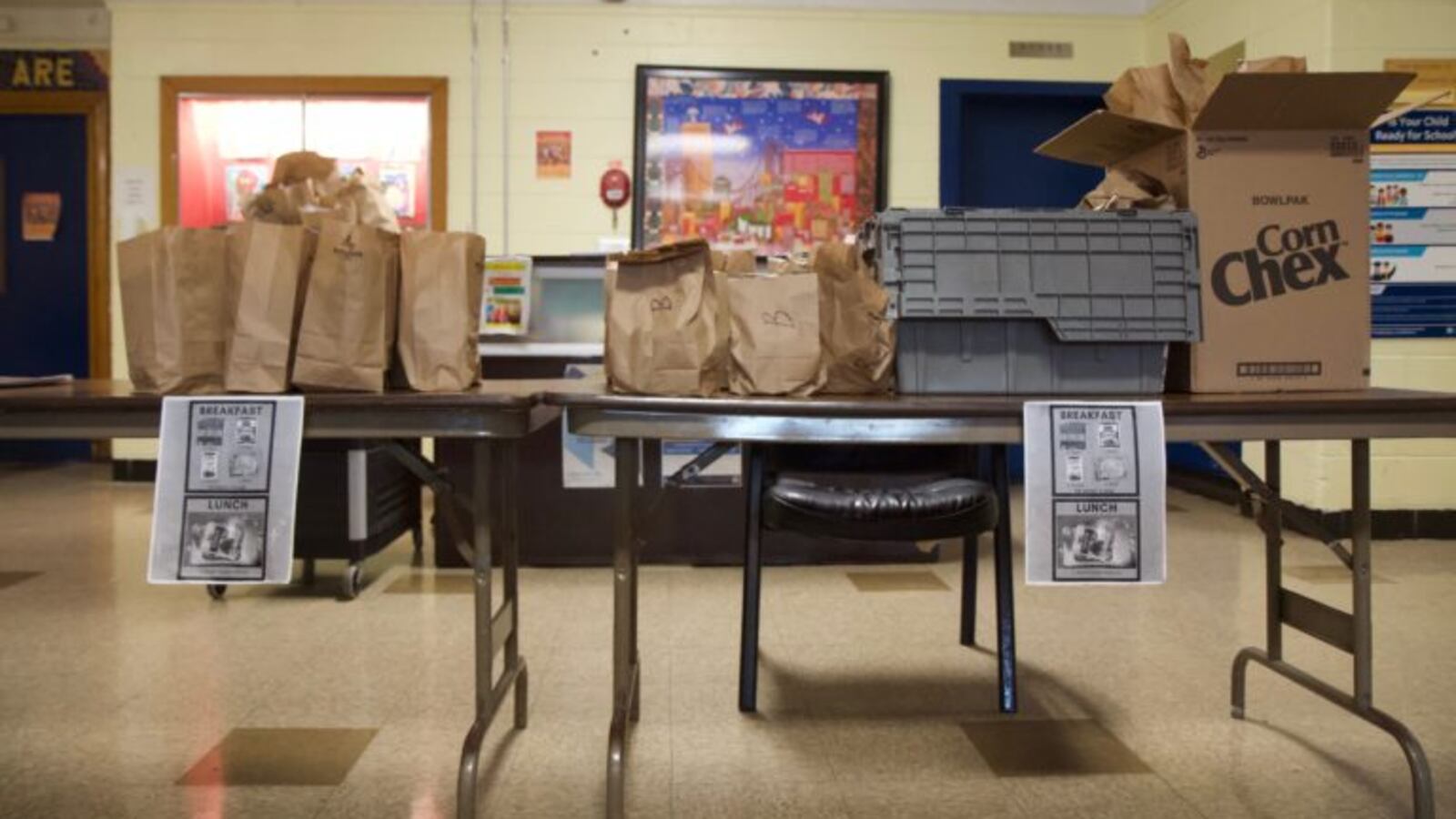 Bagged breakfast and lunches for students at Edward Gideon school during school shutdowns due to the coronavirus.