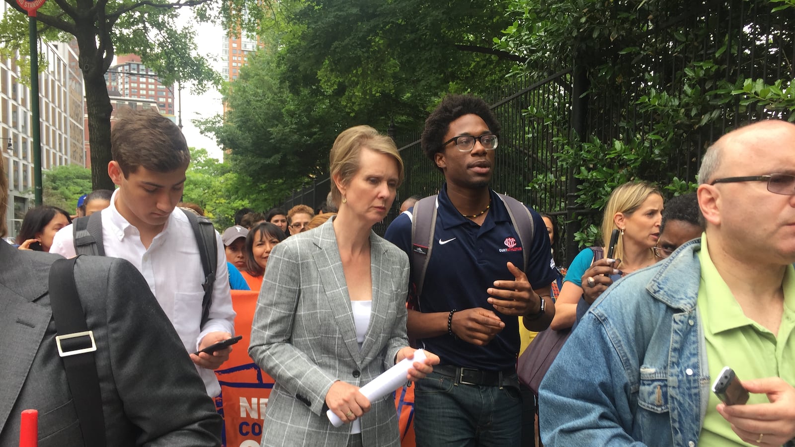 Gubernatorial candidate Cynthia Nixon walks away from a speech at Borough of Manhattan Community College.