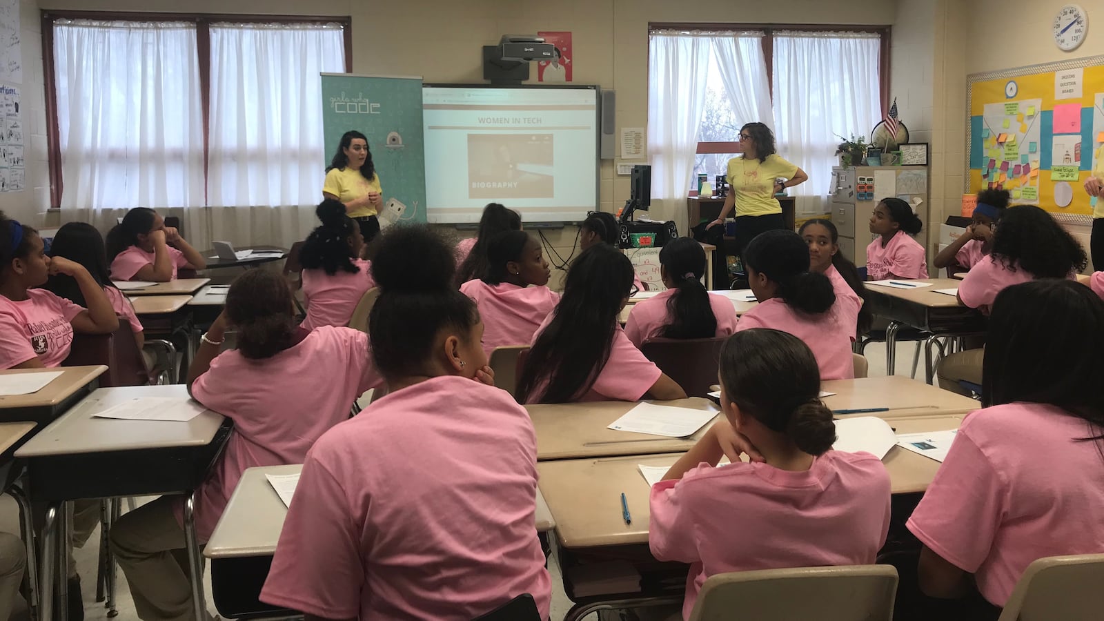 Students at announcement of Girls Who Code partnership with Newark Public Schools at Rafael Hernandez School