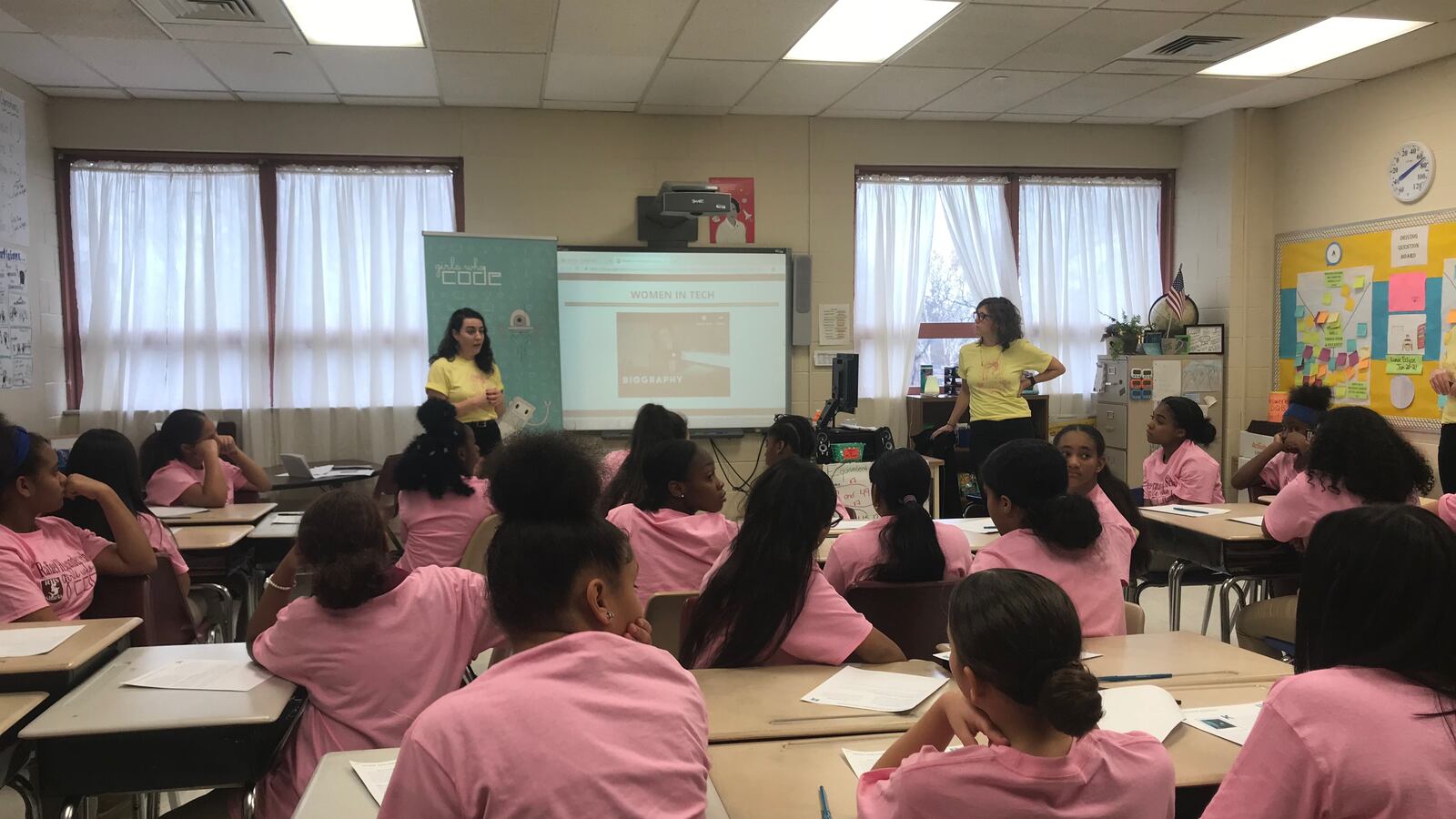 Students at announcement of Girls Who Code partnership with Newark Public Schools at Rafael Hernandez School