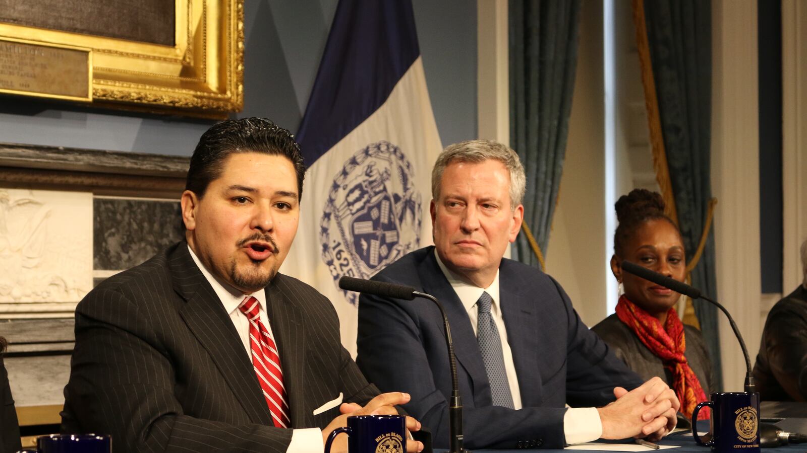 Schools Chancellor Richard Carranza (left) at a press conference with Mayor Bill de Blasio