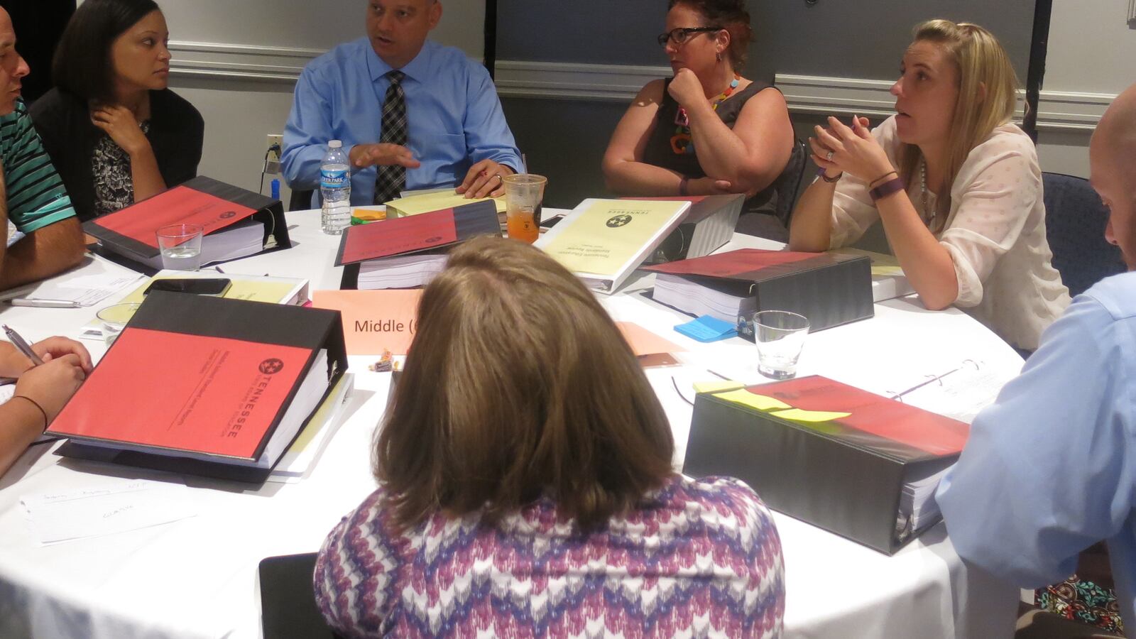 A panel of middle school social studies teachers, chaired by Hamblen County's Scott Ezell (second from left), get to work during meetings this week in Franklin to review and revise Tennessee's social studies standards.