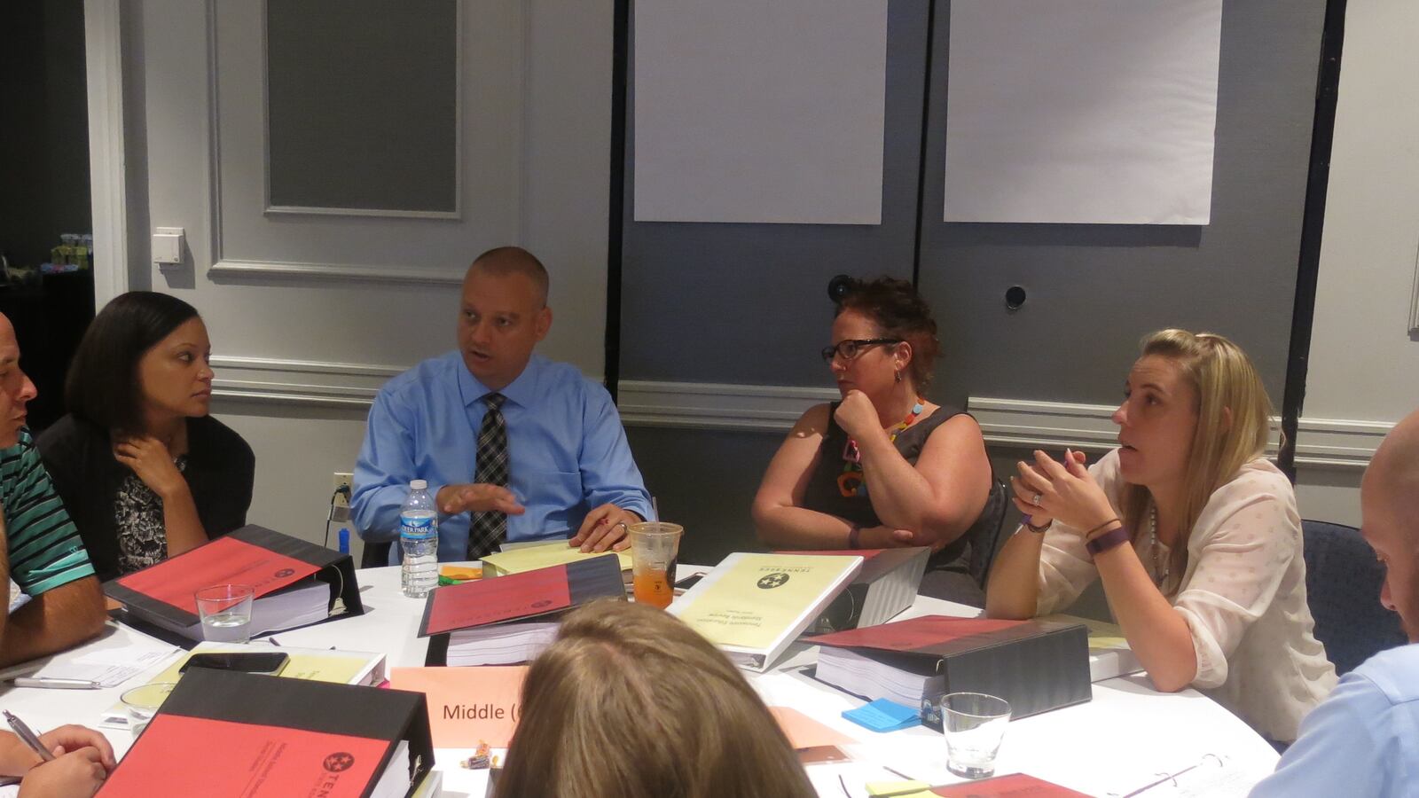 A panel of middle school social studies teachers, chaired by Hamblen County's Scott Ezell (second from left), get to work during meetings this week in Franklin to review and revise Tennessee's social studies standards.
