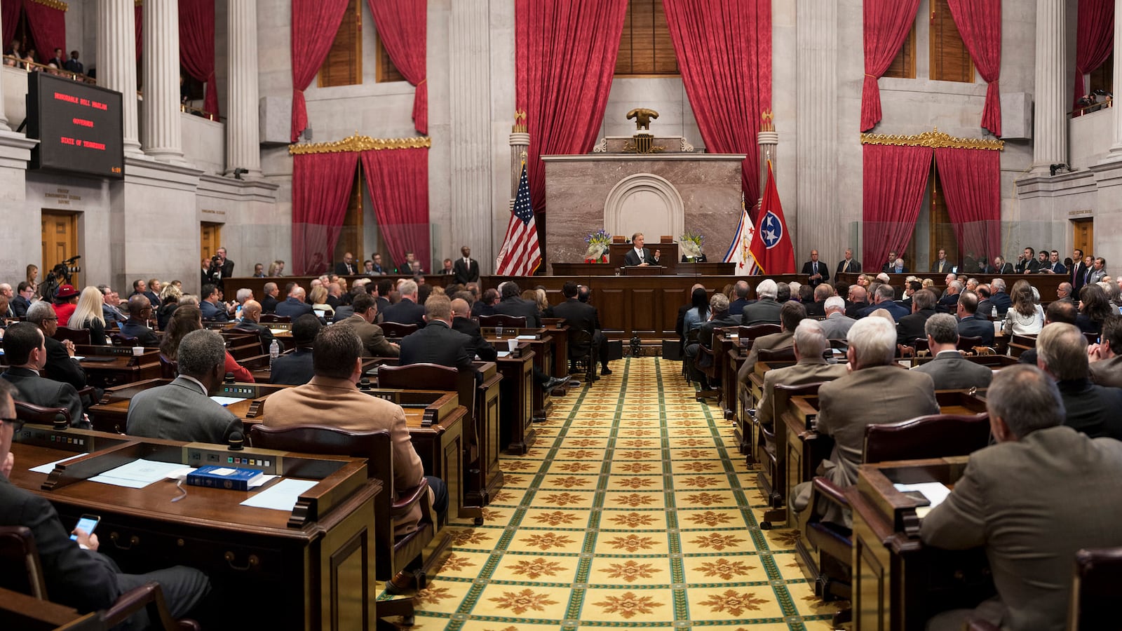 Tennessee lawmakers listen to Gov. Bill Haslam deliver his 2016 State of the State address at the State Capitol in Nashville.