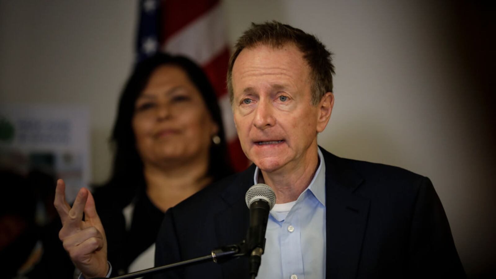 Los Angeles Unified Superintendent Austin Beutner, right, flanked by  Board President Monica Garcia addresses the media at LAUSD headquarters on Jan. 15, 2019 the second day of the United Teachers Los Angeles strike. (Photo by Irfan Khan/Los Angeles Times via Getty Images)