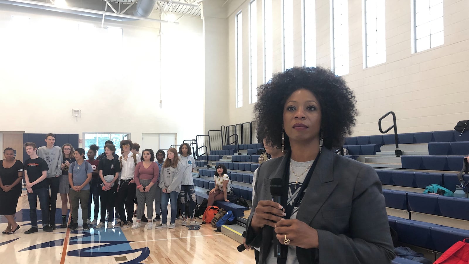 Principal Alexis Gwin-Miller addresses students during a town hall meeting following a student protest on Sept. 20.