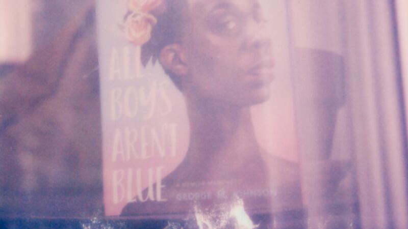 The book “All Boys Aren’t Blue” by George M. Johnson sits in a windowsill, the cover showing a Black man posing with a bouquet of flowers on his head.