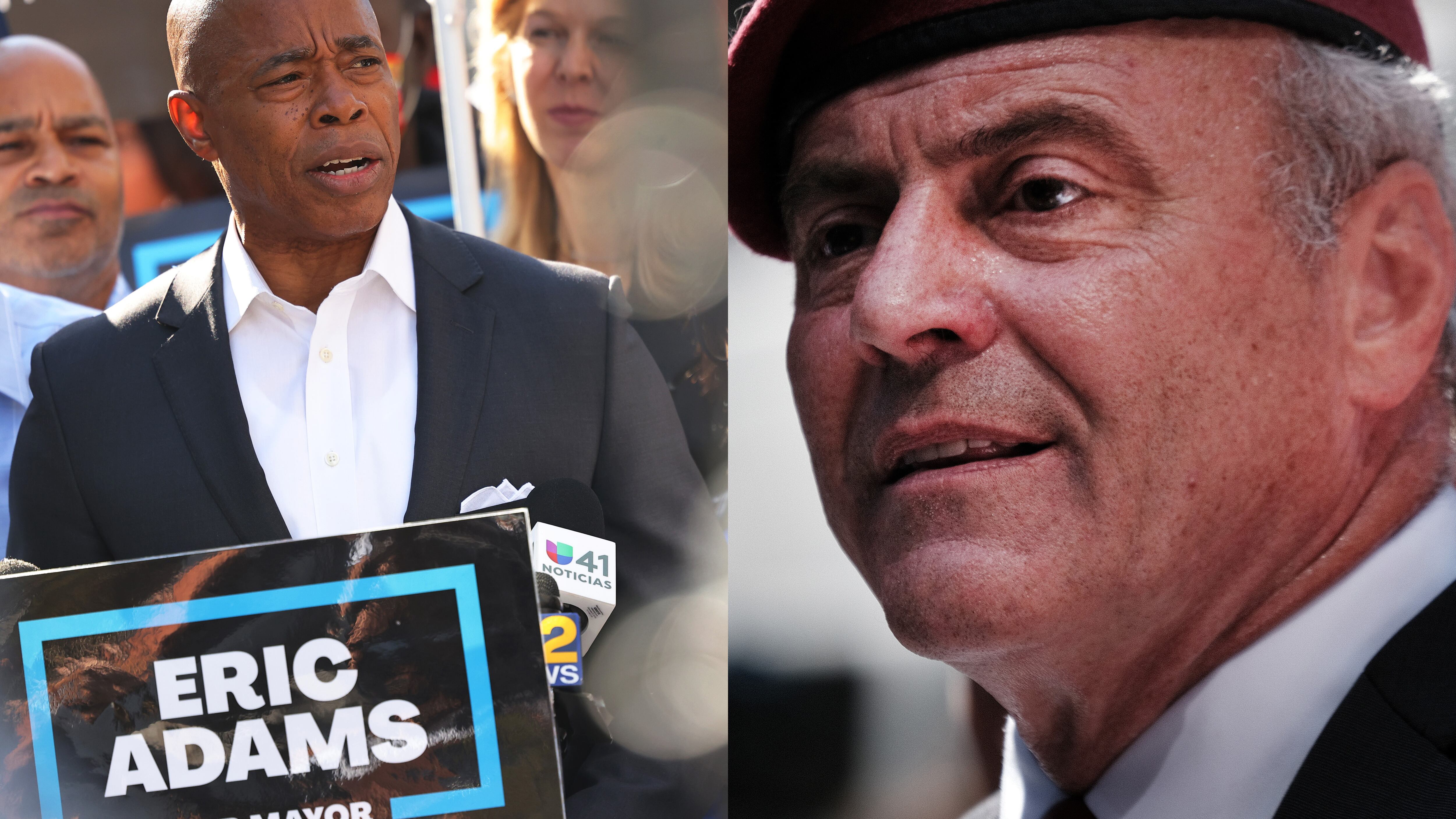 (Left) Eric Adams speaks during a rally, at a podium that reads “Eric Adams For Mayor”. He is surrounded by supporters. (Right) Curtis Sliwa talks to supporters and media in Times Square, wearing his signature red beret.